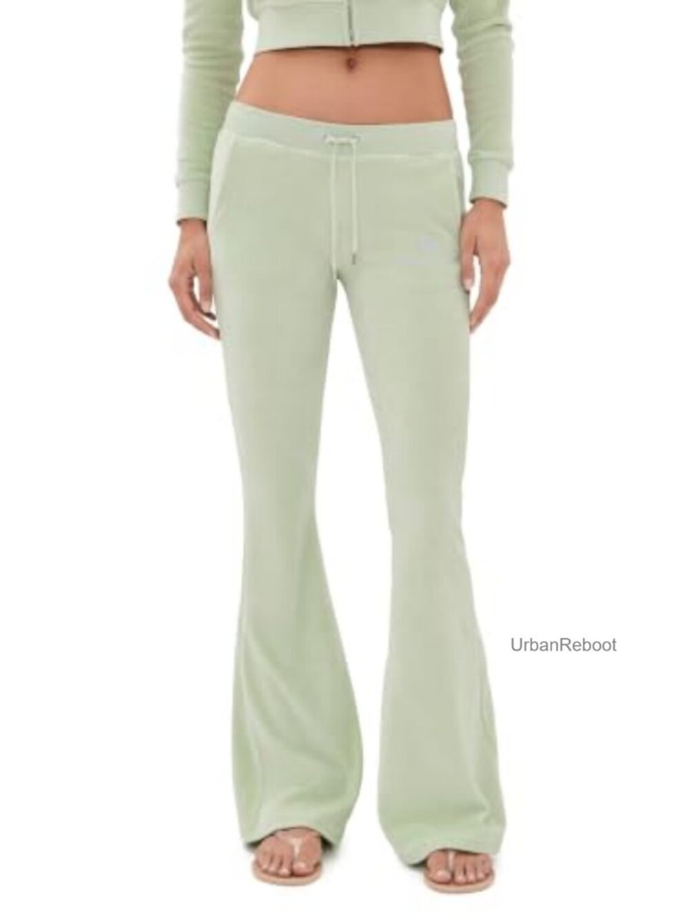 Mid-Weight Stretch Velour Flared Sweatpants Rhinestone Low Rise - Picture 1 of 6